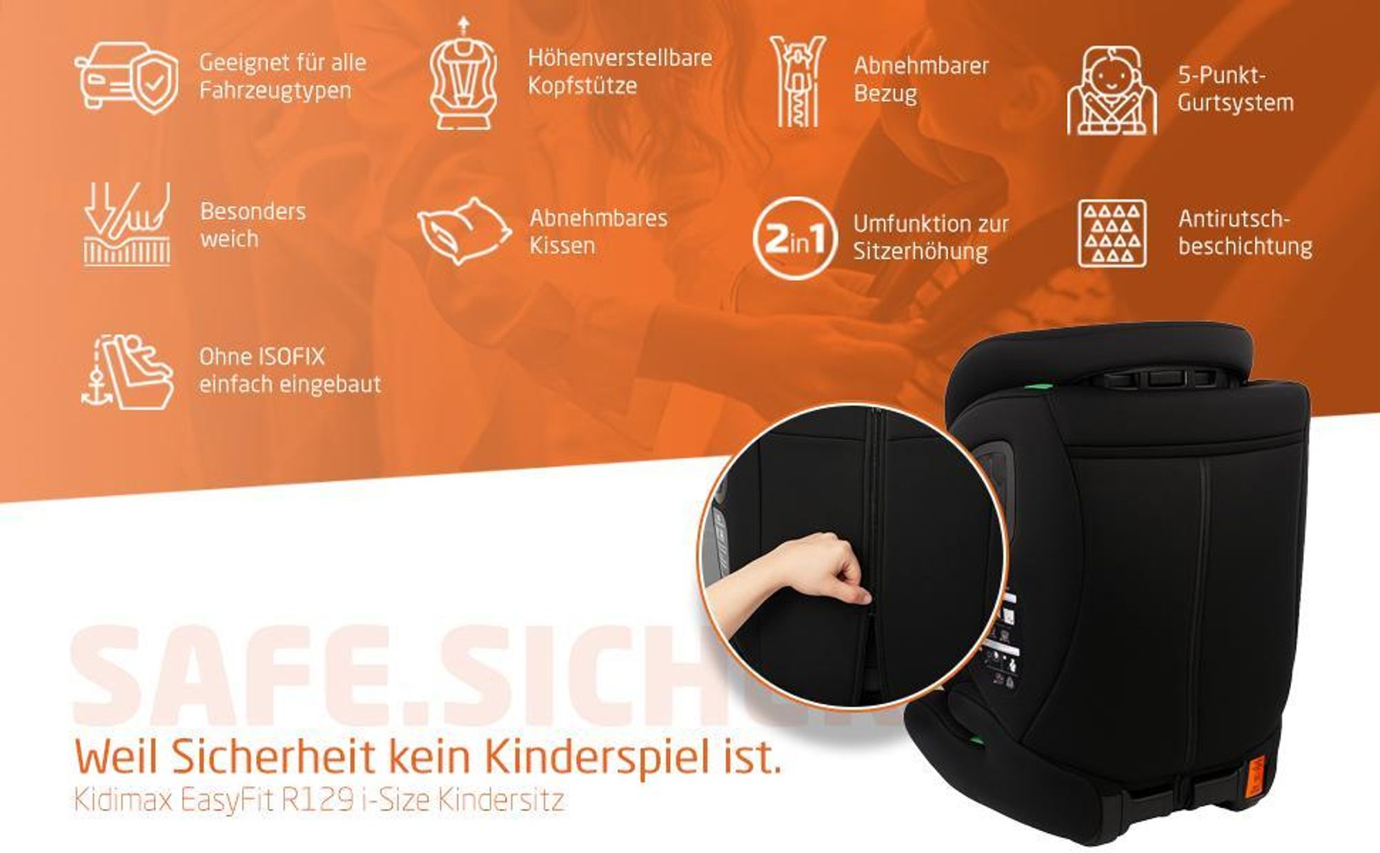 Kidimax® Kindersitz EasyFit – Sicherer & Bequemer Autositz für Kinder (9-36 kg) – Mitwachsend, Verstellbar & Komfortabel – Leicht zu montieren – Schwarz