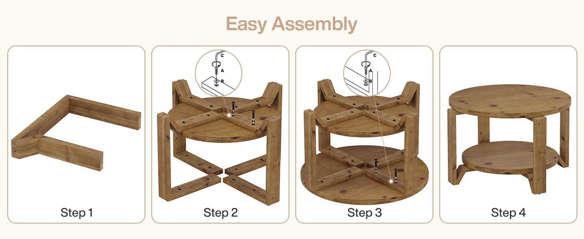 Tavolino rotondo Tribesigns in legno massiccio, 80 cm, due ripiani, soggiorno, stile country, legno massiccio marrone con venature naturali