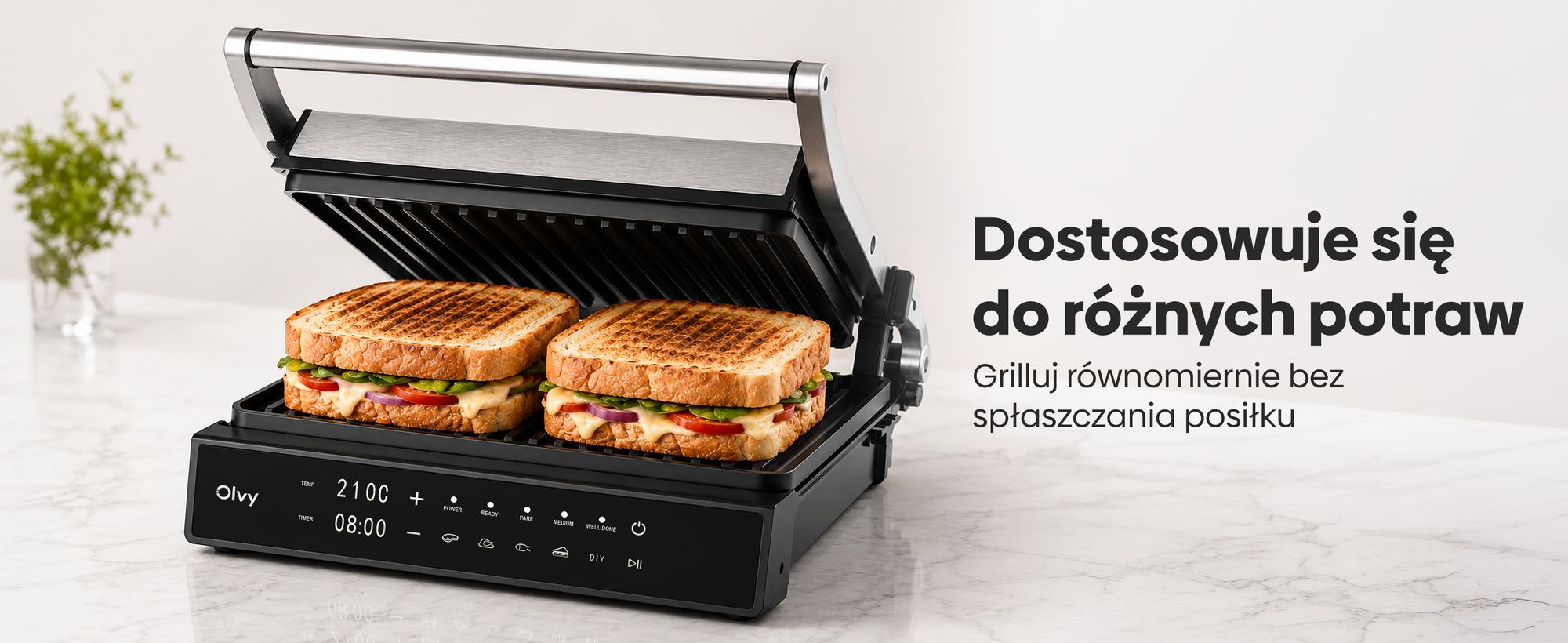 Grill kontaktowy Olvy, 2000 W, elektryczny grill i opiekacz do kanapek, 5 programów, opiekacz do panini, grill-toster do użytku w pomieszczeniach, płyty bez PFAS, grill stołowy