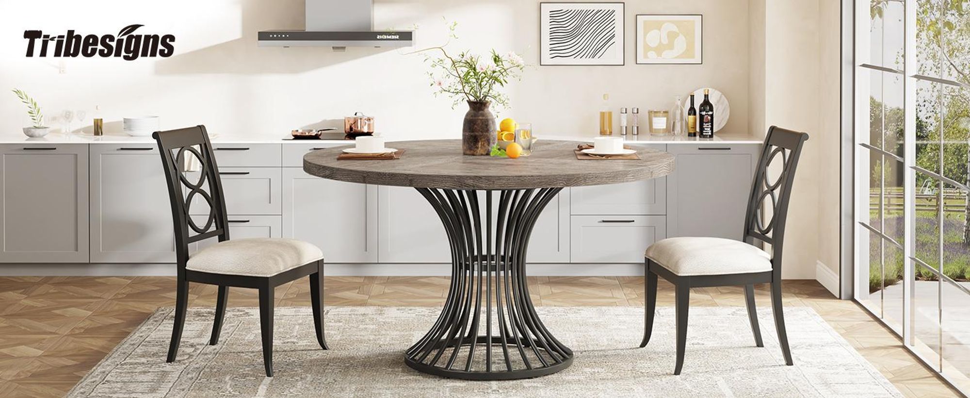 Tribesigns runder Esstisch für 4-6 Personen, 119 cm Durchmesser, Landhausstil, Industrieller Esstisch mit Metallgestell für Küche und Wohnzimmer, Grau