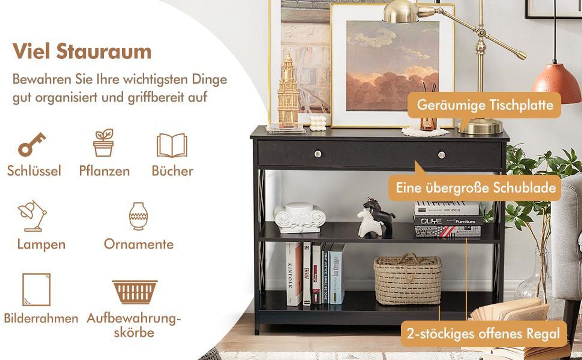 COSTWAY 3 Ebenen Konsolentisch mit Schublade, Flurtisch Holz, Standregal, Beistelltisch, Sofatisch, Flur, Wohnzimmer, 100 x 30 x 80 cm Weiß