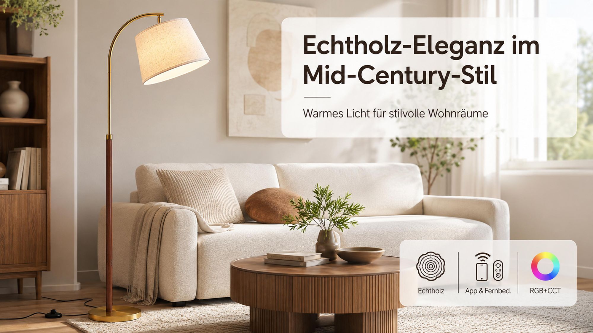RGB Stehlampe Led Dimmbar aus Massivholz, 170cm, RGB+CCT, Smart App & Fernbedienung, Music Sync, Schwanenhals Leselampe Schlafzimmer Wohnzimmer Büro