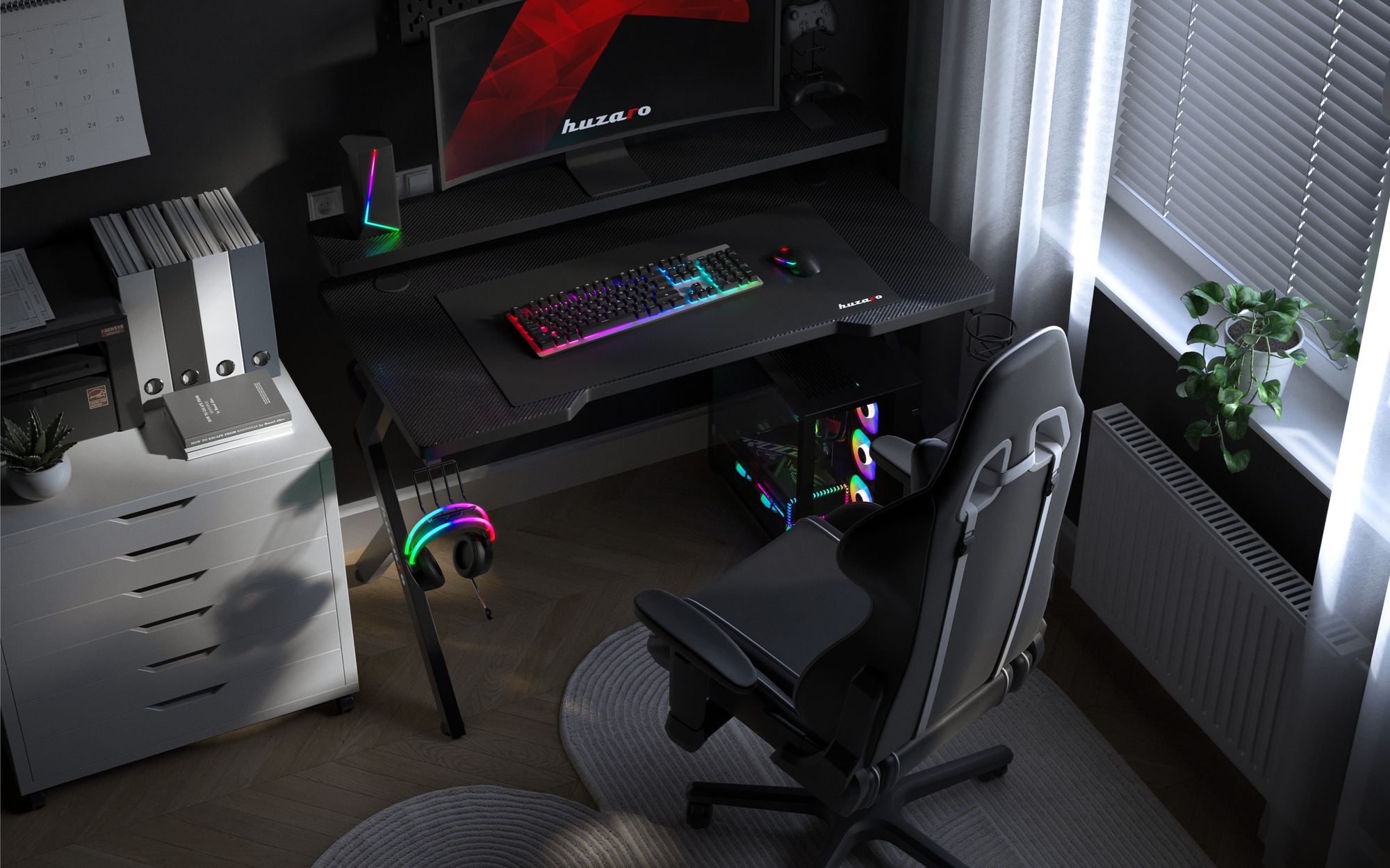 Huzaro Hero 5.0 | Gaming Schreibtisch Computertisch Bürotisch | Arbeitszimmer Gamer | Monitorständer Carbon Tischplatte | 120 x 60 | Schwarz