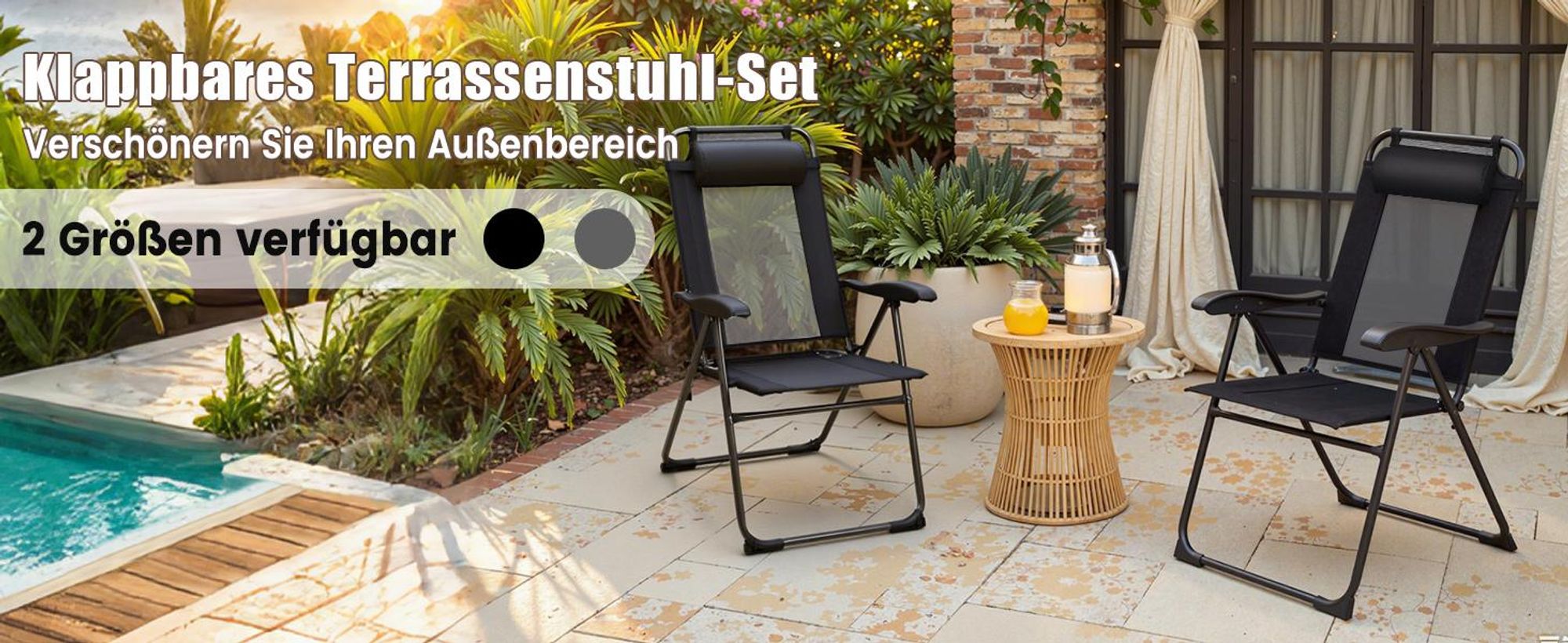 COSTWAY 2er Set Gartenstühle, Klappstühle mit Kopfstütze, klappbarer Outdoor-Stühle mit 7-Fach Verstellbarer Rückenlehne, Hochlehne, atmungsaktiv, für Garten, Terrasse, Hinterhof (Grau)