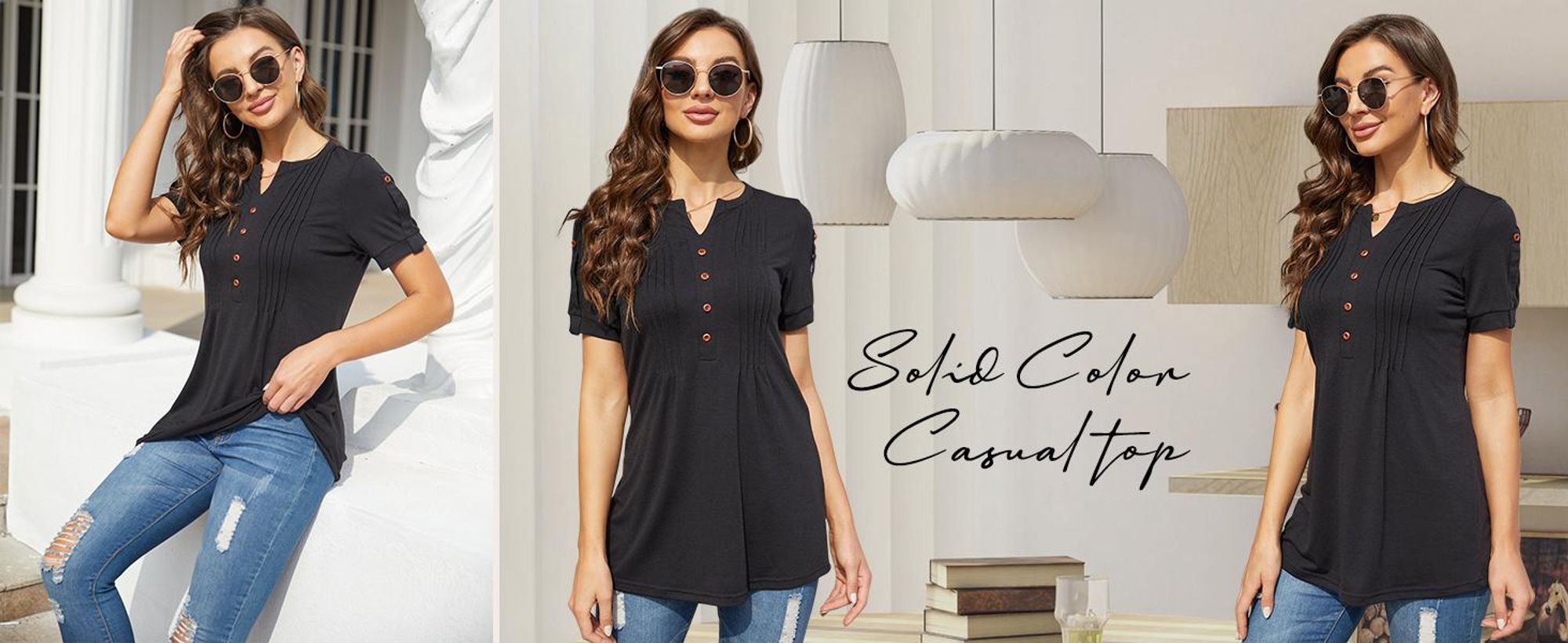 Damen-T-Shirt, Knopfleiste, V-Ausschnitt, einfarbiges Freizeittop