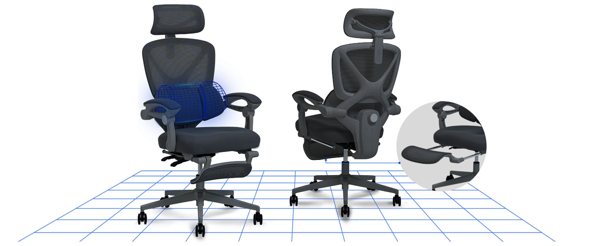 FLEXISPOT Ergonomischer Bürostuhl mit 3D-Kopfstütze, verstellbarer Lendenstütze, Wippfunktion 90–135°, Verbindungsarmlehnen, Fußstütze, 136 kg Schwarz