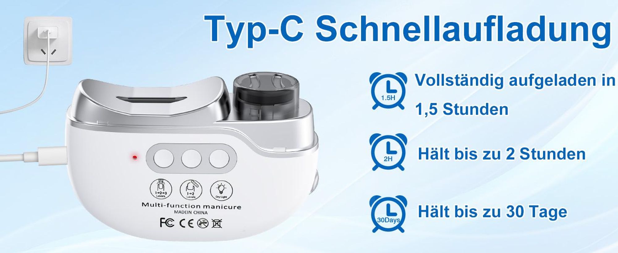 Elektrischer Nagelknipser, Elektrischer Nagelschneider, automatische Nagelfeile, Nageltrimmer mit Nagellampe, 3 Stufen, leise & wiederaufladbar