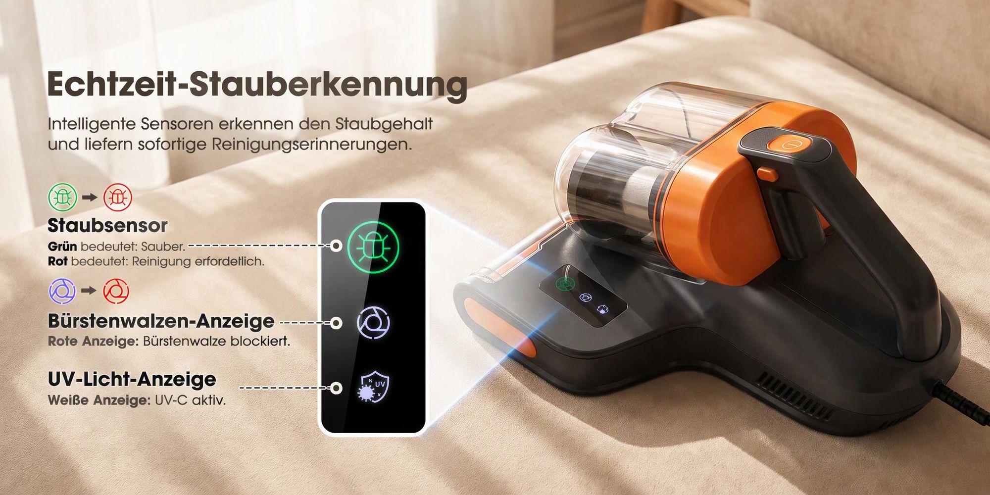Lubluelu CM209 Milbensauger Handstaubsauger für Matratzen 16 kPa, 450 W LED-Staubsensor, 80 °C Warmluft, UV-C-Licht, 65.000 Schläge/min & HEPA-Filter