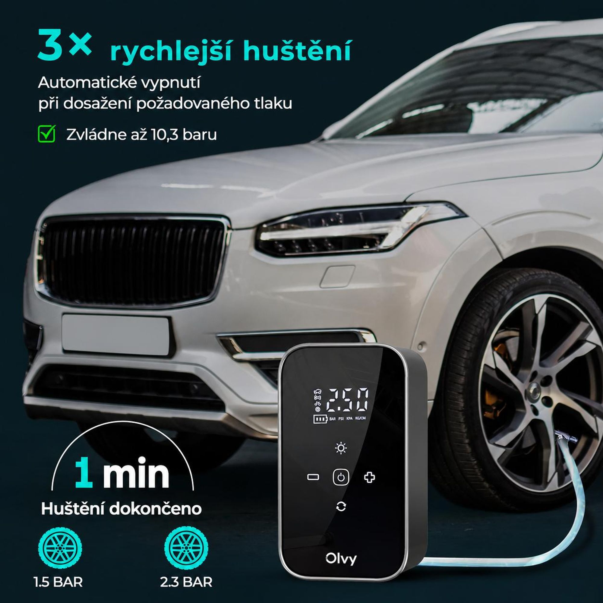 Olvy Elektrická vzduchová pumpa s powerbankou 6000 mAh - 12V mini kompresor do auta, na kolo, míče, nafukovací matrace, displej, LED, automatické vypnutí