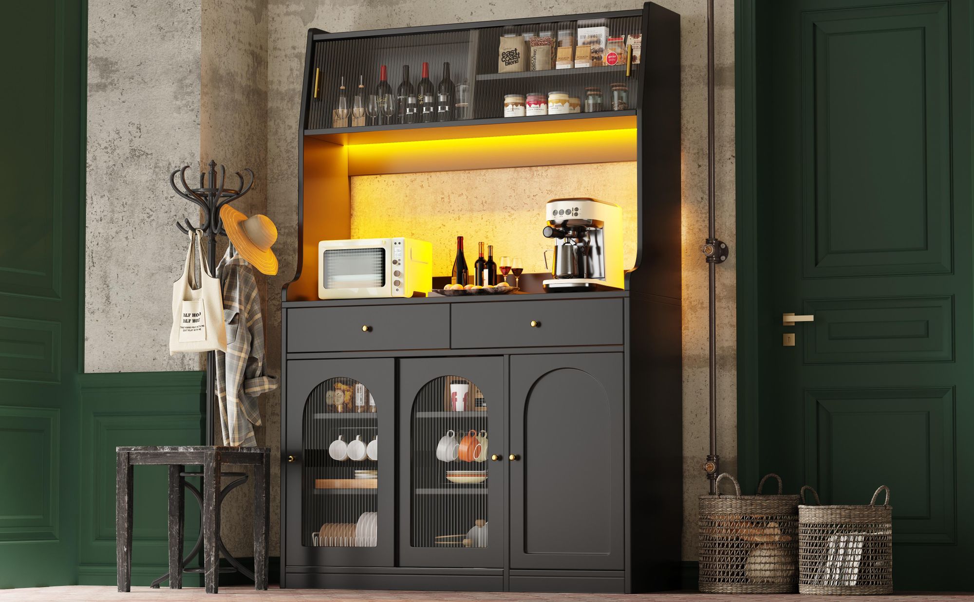 Flieks Hochschrank mit LED und Glasschiebetüren, Aufbewahrungsschrank 120x40x180 cm, Küchenbuffet mit Verstellbaren Ablagen, schwarz