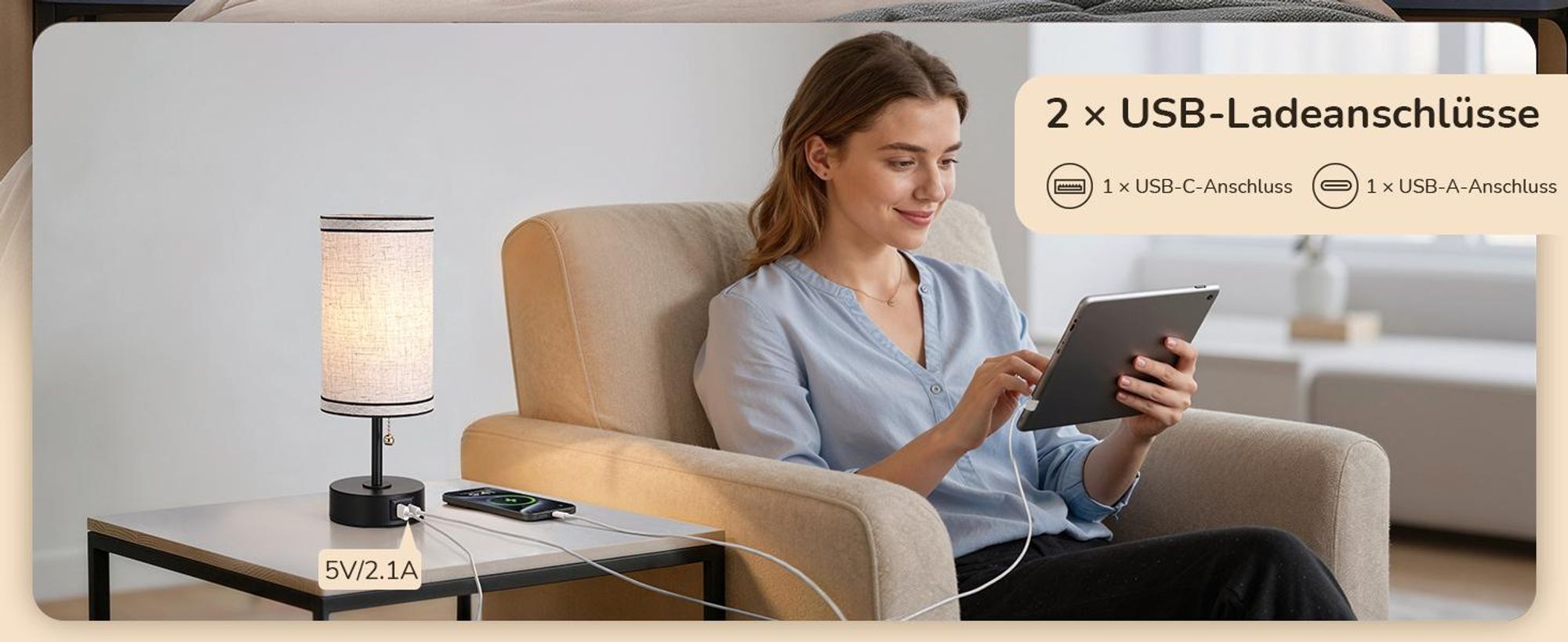 EDISHINE Nachttischlampen 2er-Set, mit USB-A- & USB-C-Anschlüssen, Modern  Zugschalter, inkl. 4W LED-Birnen E27, Tischlampe mit schwarzem Metallsockel