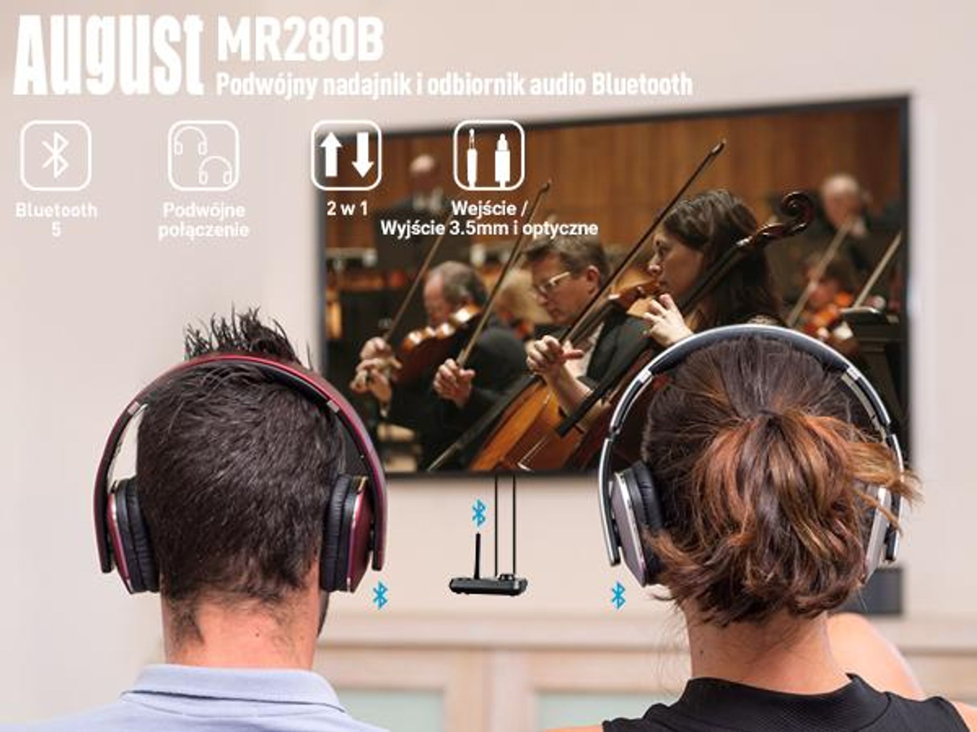 August MR280B: Nadajnik i odbiornik Bluetooth 5.0, 2 w 1