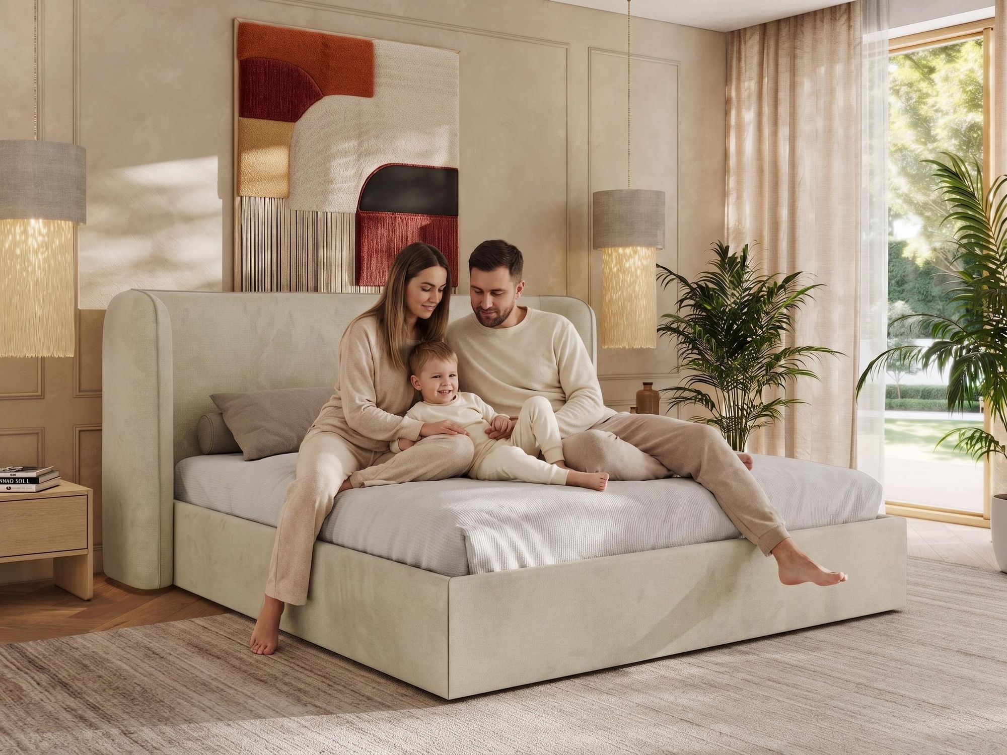 Familie sitzt auf beigem Polsterbett in elegantem Schlafzimmer.