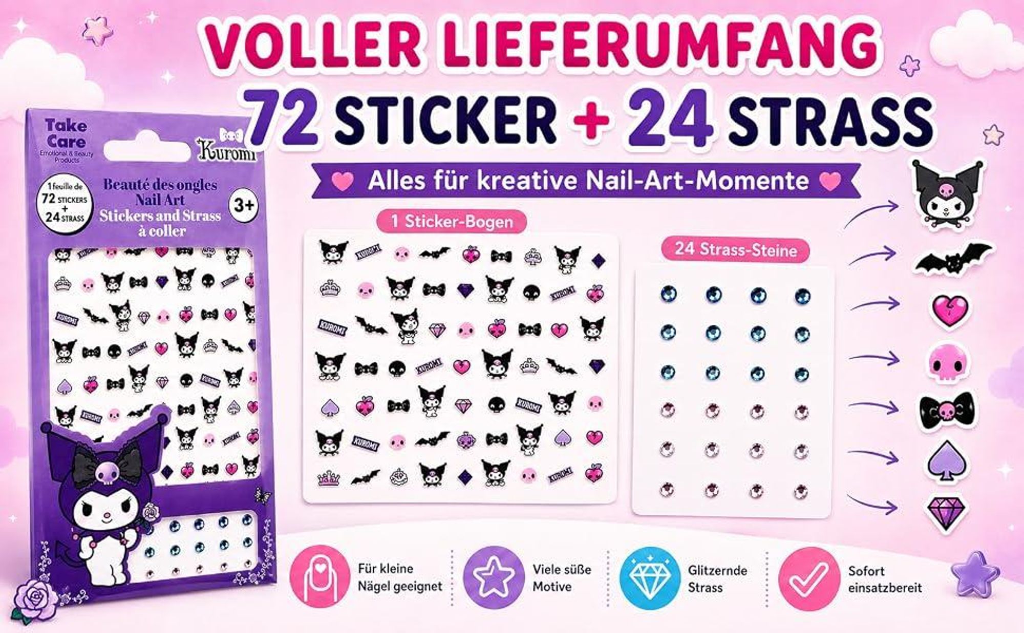 Kuromi Nagelsticker Set – 72 Sticker + 24 Steinchen – Offiziell Lizenziert