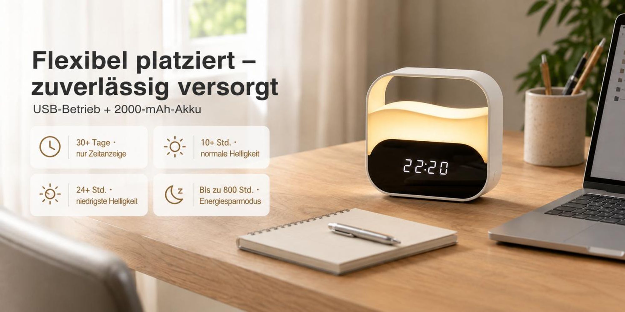 LED-Lichtwecker, Digitaler Wecker mit 2000 mAh Akku, 3 Farbtemperaturen, USB-Aufladung, stufenlos dimmbares Nachtlicht, 2 Alarmzeiten, Stimmungslicht
