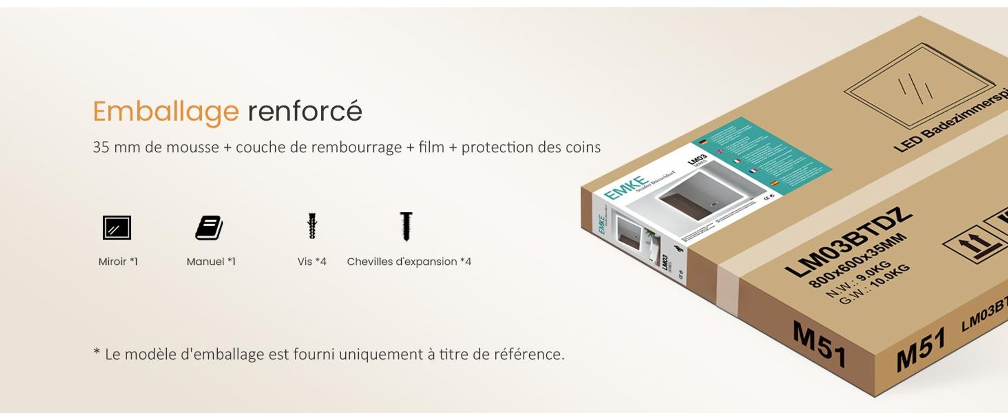 EMKE Miroir de salle de bain LED 50 x 50 cm Miroir de salle de bain avec antibuée, 3 couleurs de lumière Miroir de salle de bain avec interrupteur tactile, miroir mural à intensité variable avec fonction mémoire