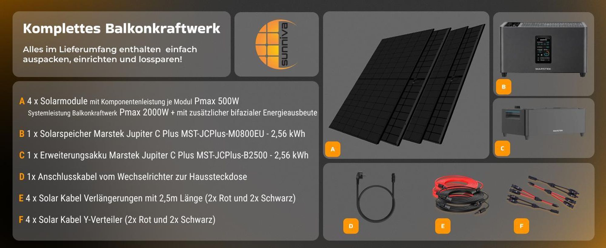 SUNNIVA® 2000W Balkonkraftwerk mit 5,12 kWh Speicher MARSTEK Jupiter C + Plus, 4x500W BIFAZIAL FULLBLACK komplett Steckdose, Solaranlage Solarspeicher