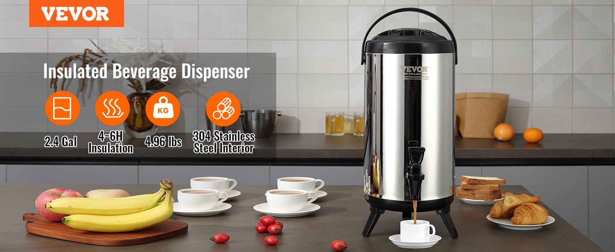 VEVOR Isolierter Getränkespender, 9,5 L, Lebensmittelgeeignetes LDPE Heiß- und Kaltgetränke-Server, Thermo-Getränkespender-Kühler mit 2,3 cm PolyurethanSchicht Zwei-Stufen-Hahngriff, für Restaurant-Getränkeshop, 9.2 L