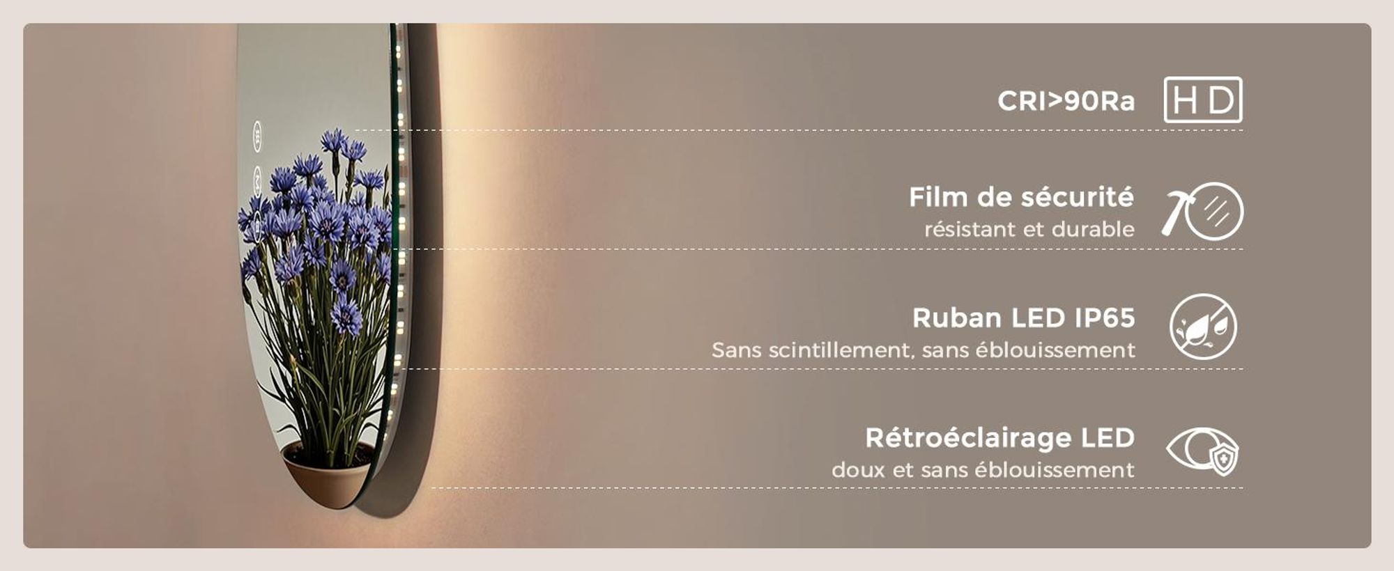 S'AFIELINA Miroir LED de Maquillage pour Salle de Bain – Anti-buée, Éclairage 3 Couleurs Réglables & Interrupteur Tactile, 50×85 cm