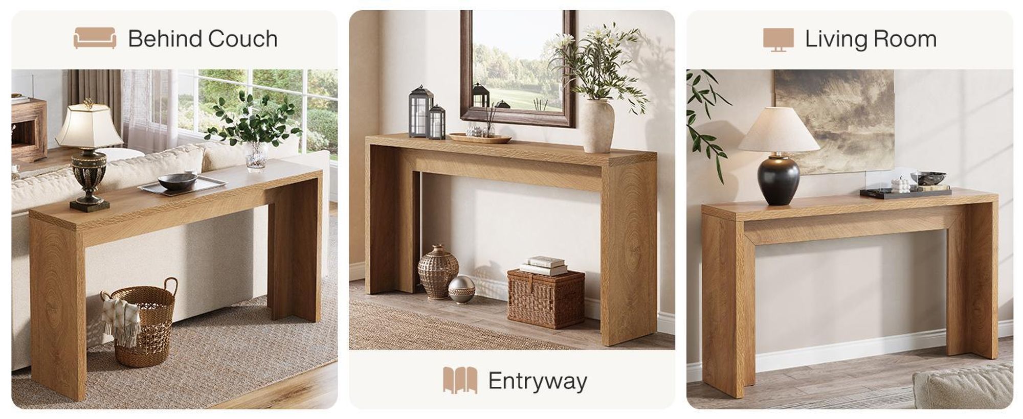 Tribesigns 140 cm Farmhouse table console, table basse en bois derrière le canapé avec espace de rangement, long support étroit de couloir salon, entrée, marron clair