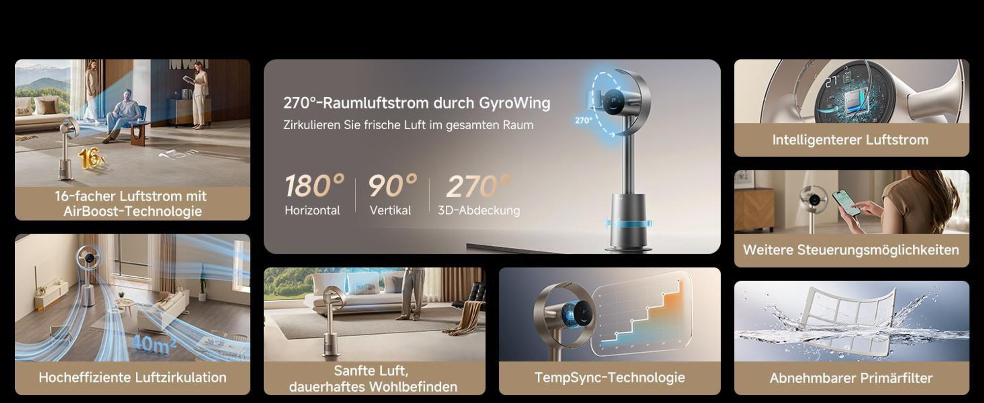 Dreame MF10 The Bladeless Fan,Standventilator,270° Room Air Flow Circulation,Temperature-Adaptive Airflow,Intelligent Wind Stream,Washable Filte,Gold