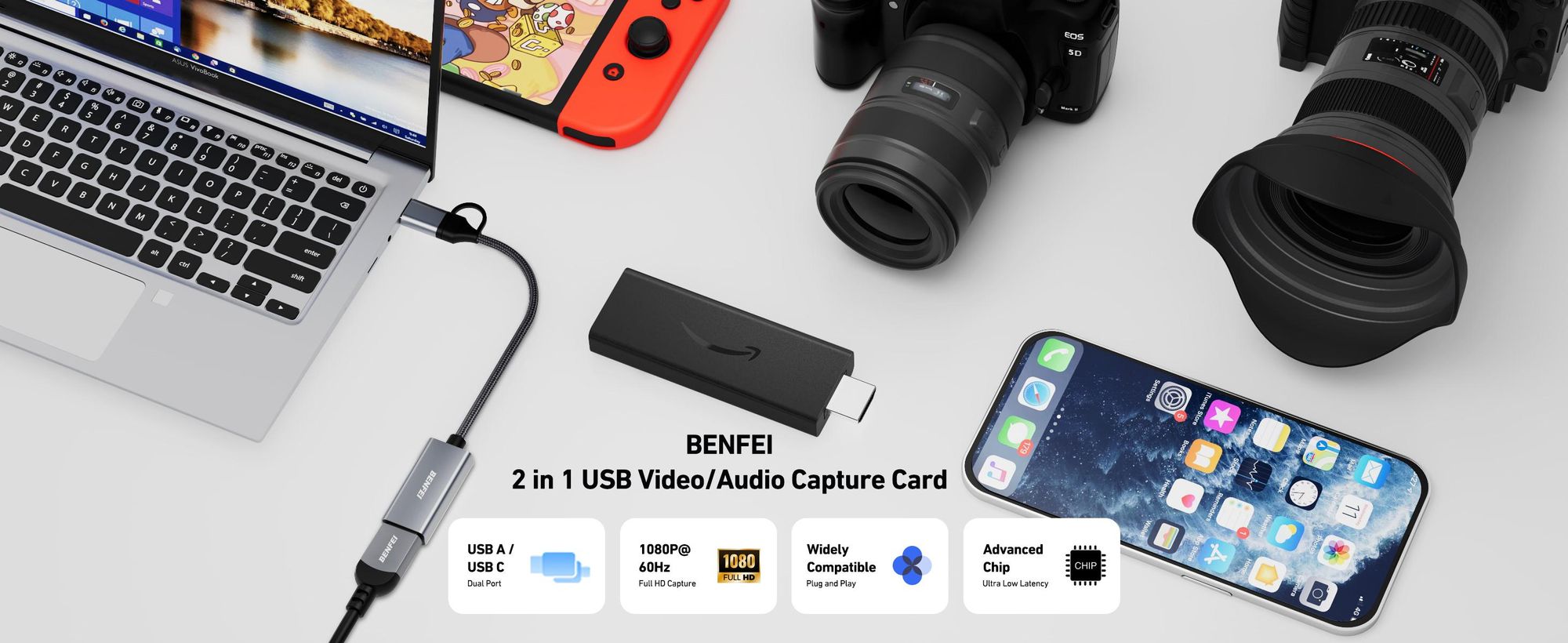 BENFEI Kabeladapter Video Audio Capture Karte 1080p 60FPS HDMI auf USB C/A