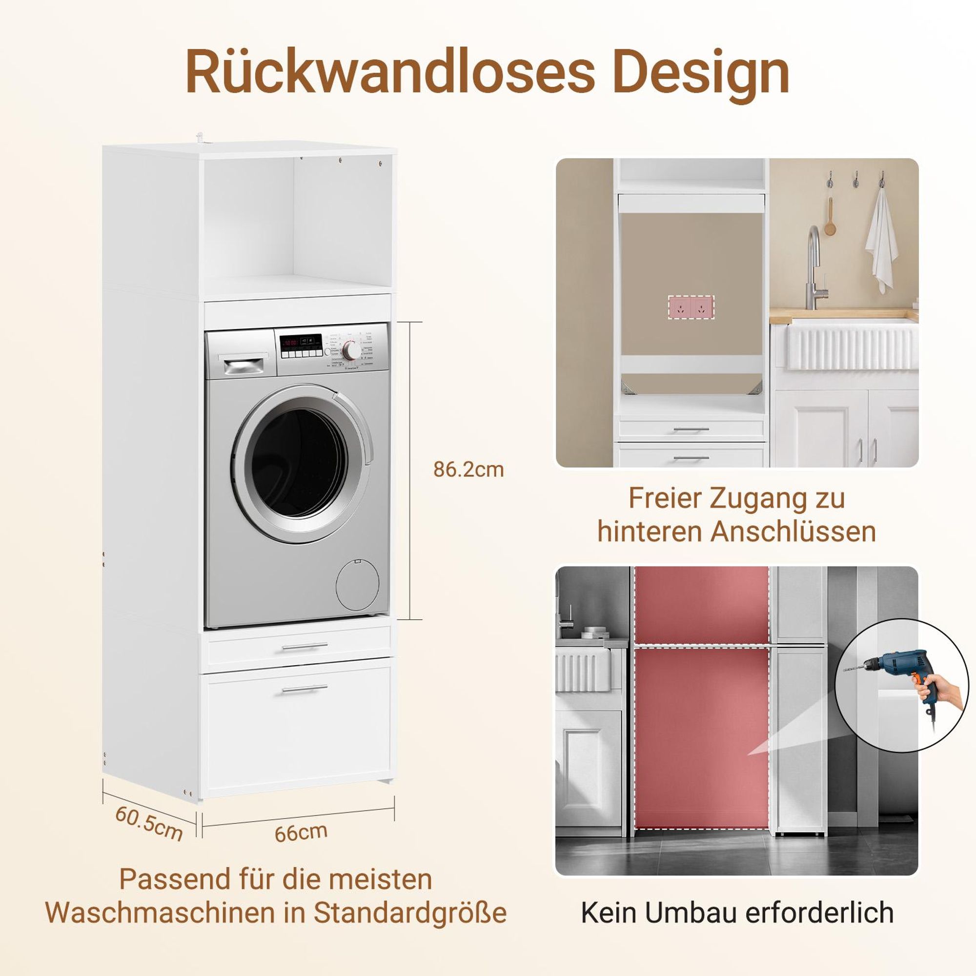 SoBuy Waschmaschinen-Unterschrank mit Schubladen und Auszugsbrett, Wäschekommode, Weiß Hoher schmaler Schrank mit BZR230-W