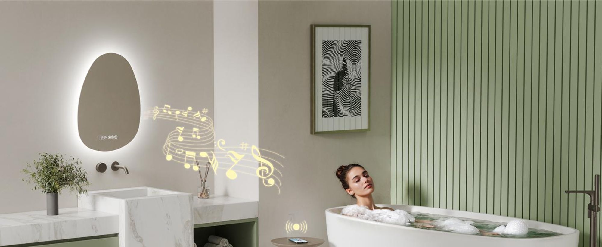 S'AFIELINA Miroir de salle de bain avec éclairage Asymétrique 60 x 45 cm avec 3 couleurs de lumière réglable, antibuée, Bluetooth, horloge, température, fonction mémoire