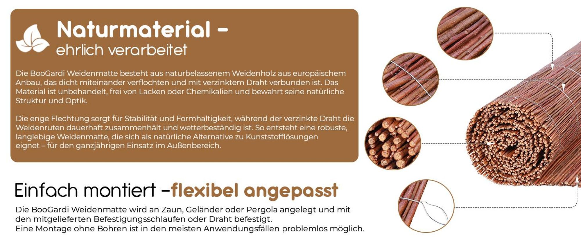 BOOGARDI Weidenmatte in 20 Größen · 80x500cm · Sichtschutzmatte Weide Balkonverkleidung Gartenzaun Sichtschutz Garten Balkon Sichtschutzzaun Holz