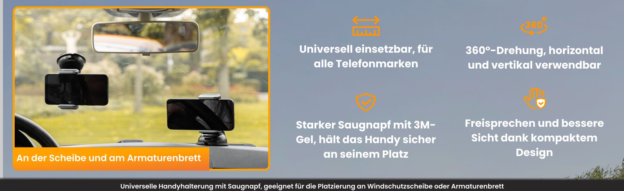 R2B Handyhalterung Saugnapf - Handy Halterung Auto, Handyhalter fur handys max 8,5 cm Breit, Für Fenster und Armaturenbrett, 360-Grad-Drehfunktion
