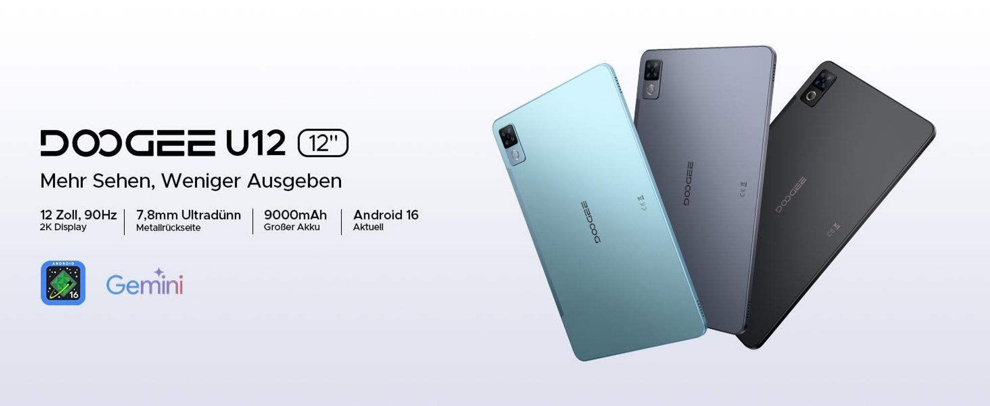 DOOGEE U12 Tablet - Android 16, 12 Zoll, 24GB(6+18)+128GB (bis 2TB erweiterbar), 90Hz, 9000mAh/18W,Octa Core T616,8MP+13MP Kamera,Widevine L1