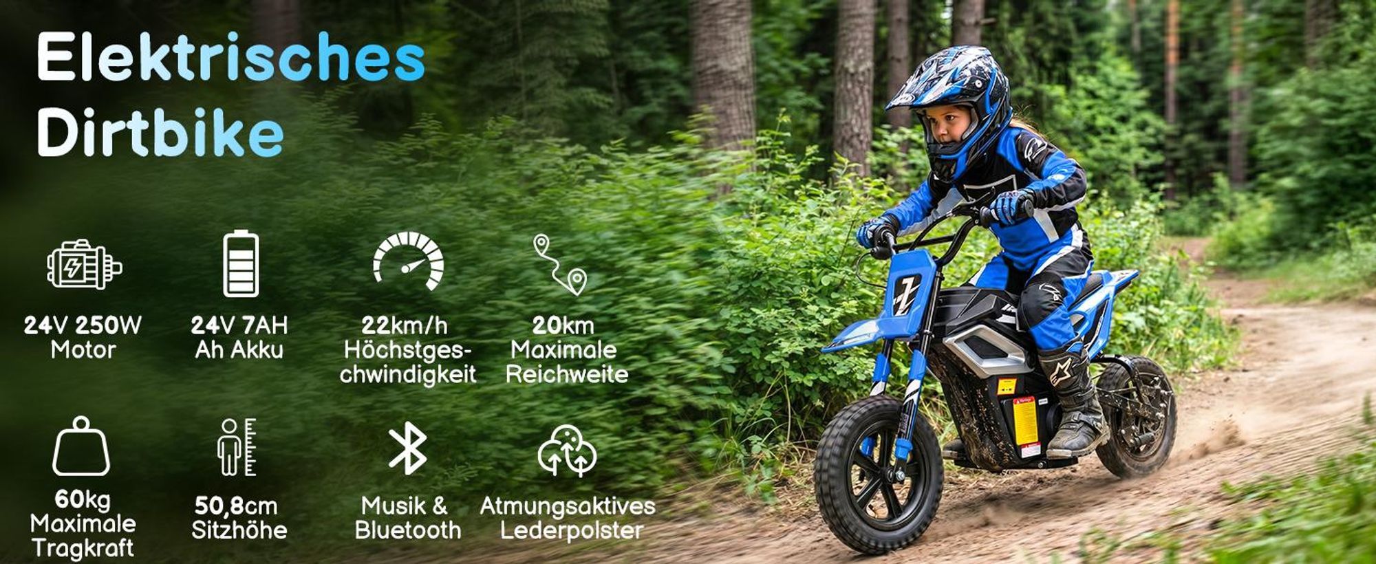FCH Elektrisches Kindermotorrad, 24 V, 7 Ah, mit Ledersitz, Blau