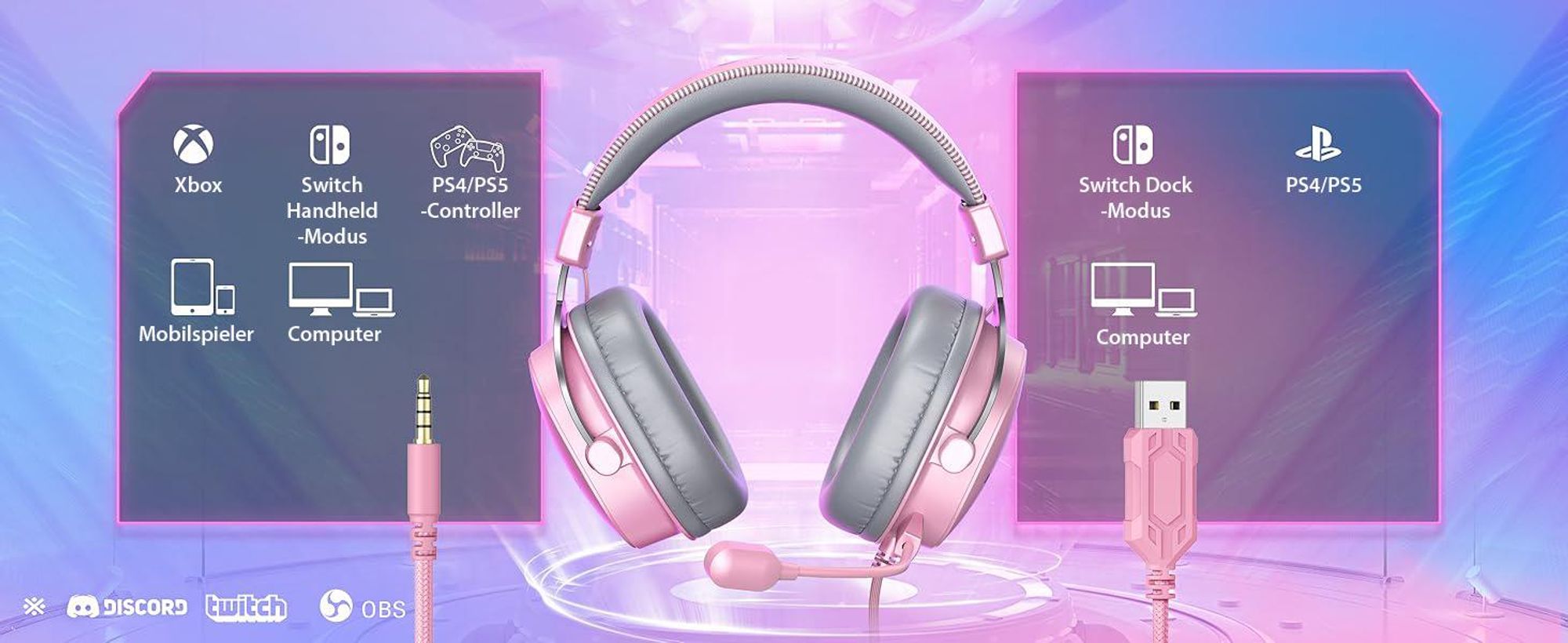 Fifine Headset Over-Ear Gaming-Headset mit Mikrofon Abnehmbar USB Headset mit Kabel, Rosa