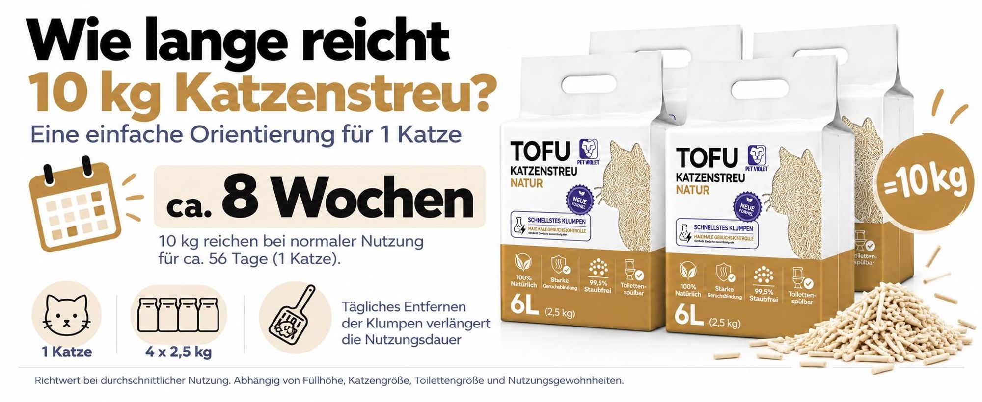 10 kg PET VIOLET Tofu Katzenstreu Natur reichen bei einer Katze etwa 8 Wochen