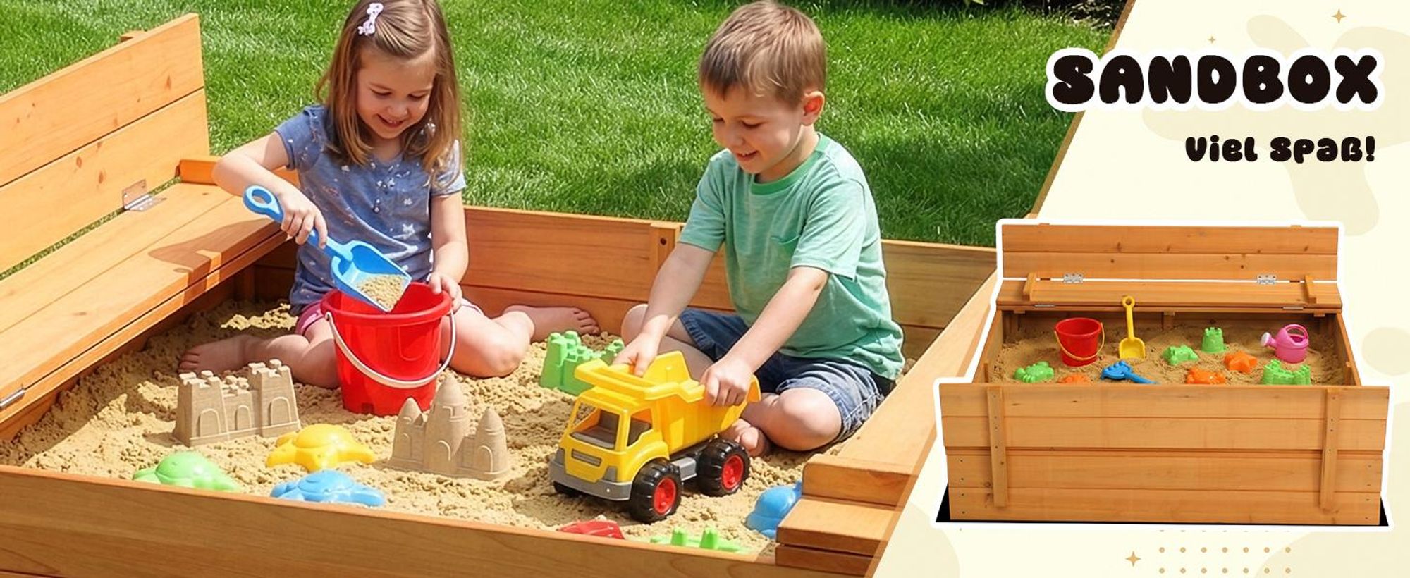 FCH Sandkasten mit Sitzbänken und Deckel 110x110x21cm Gartenspielzeug für Kinder Gartensandkasten