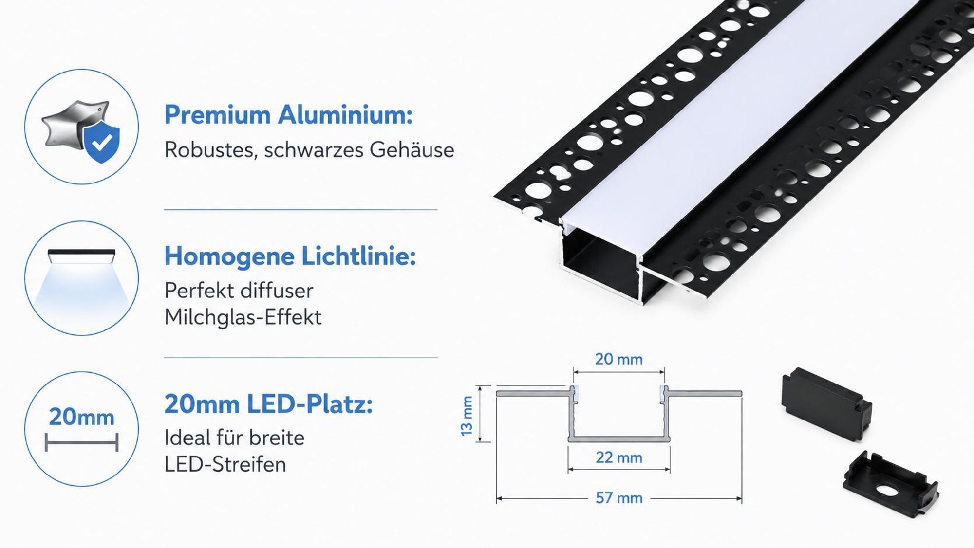MasterLED Gipskarton Profil Aluminium Schwarz 1m – LED Leiste Trockenbauprofil mit Milchabdeckung – Inkl. Endkappen & Halterung