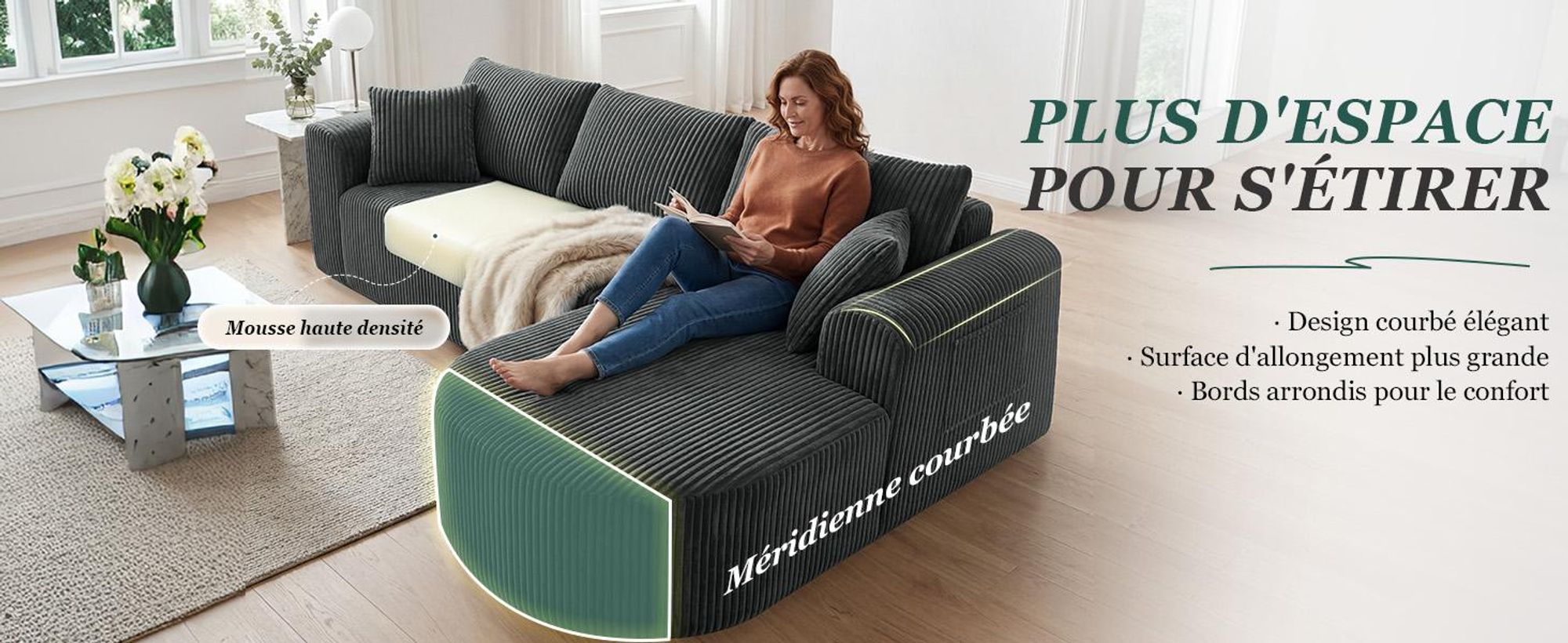 Canapé d'angle avec fonction convertible, canapé modulaire en velours sans structure visible, canapé avec chaise longue, canapé d'angle convertible, canapés modulaires avec coussins et poches latérales, 243 cm