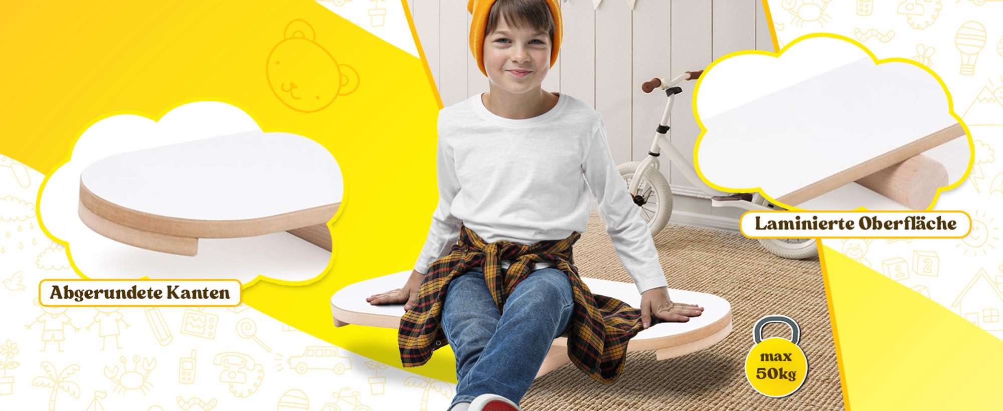 MISIOO Balance Board für Kinder – Montessori Holzspielzeug – Trainingsbrett für Gleichgewicht und Koordination – MDF – 60x22 cm – Weiß