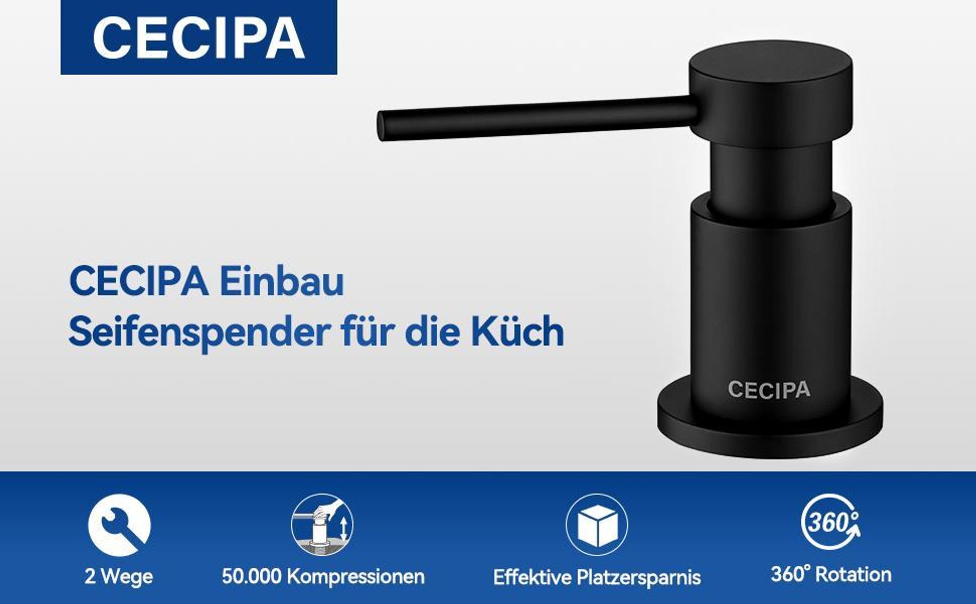 CECIPA Seifenspender Schwarz, Messing, 300ml + 1,25m Schlauch, Anti-Rückfluss, Küche