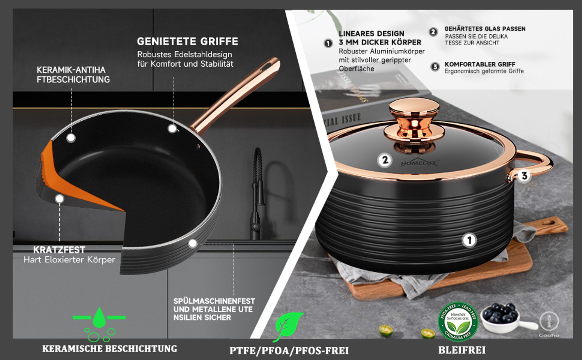 Topfset, HOMELUX 10tlg Induktions Töpfe Set, Aluminiumguss Kochtopfset, Keramik-Antihaftbeschichtung Pfannenset, Töpfe Set mit Deckel
