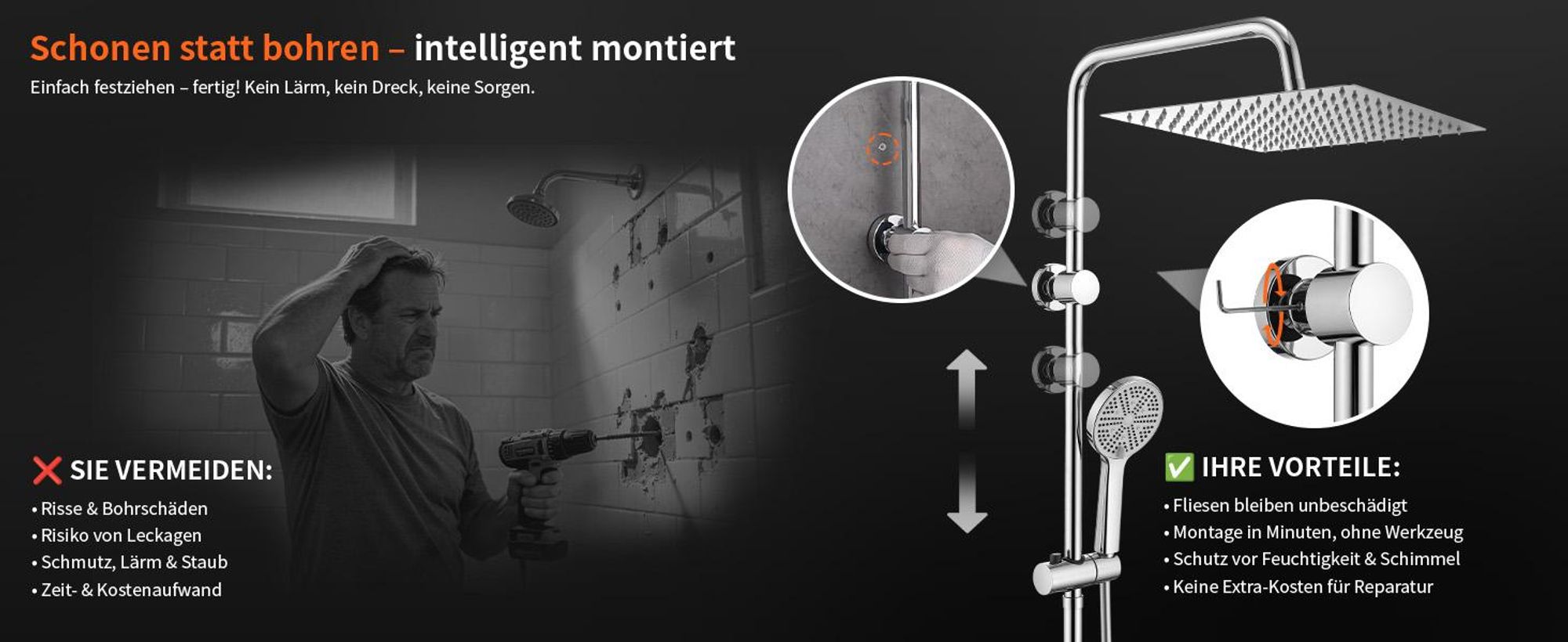 Homelody Duschsystem ohne Armatur, Duschset Duschsäule mit SUS 304 Edelstahl 30cm kopfbrause & Handbrause Quadratisch, 5 Strahlarten, Chrom