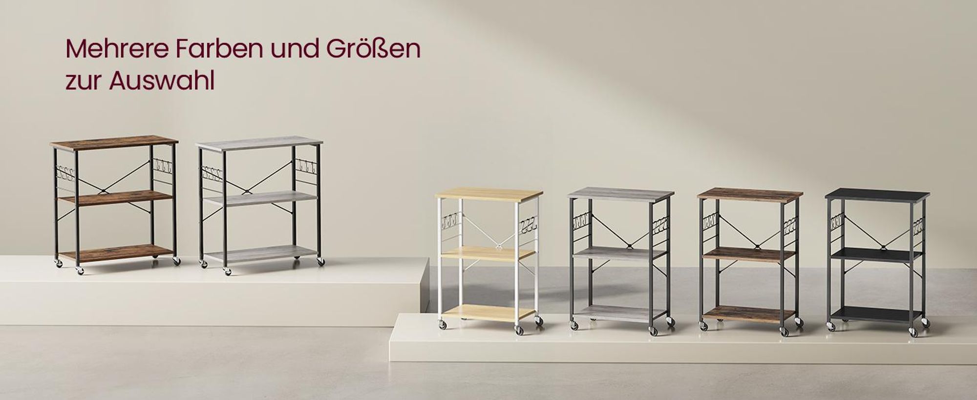 VASAGLE Küchenwagen mit 3 Ebenen, 6 Haken, 40 x 60 x 89 cm, Vintagebraun