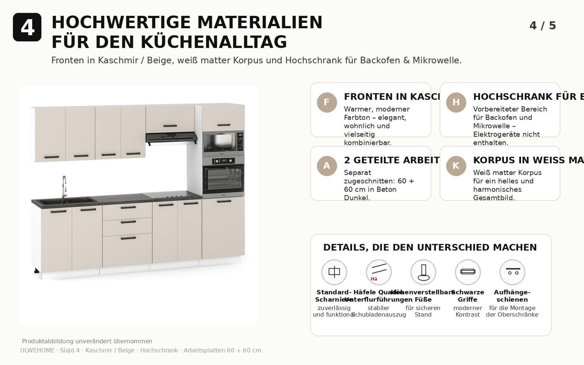 Kaschmir-Fronten, schwarze Griffe und Beton-Dunkel-Arbeitsplatten im modernen Design.