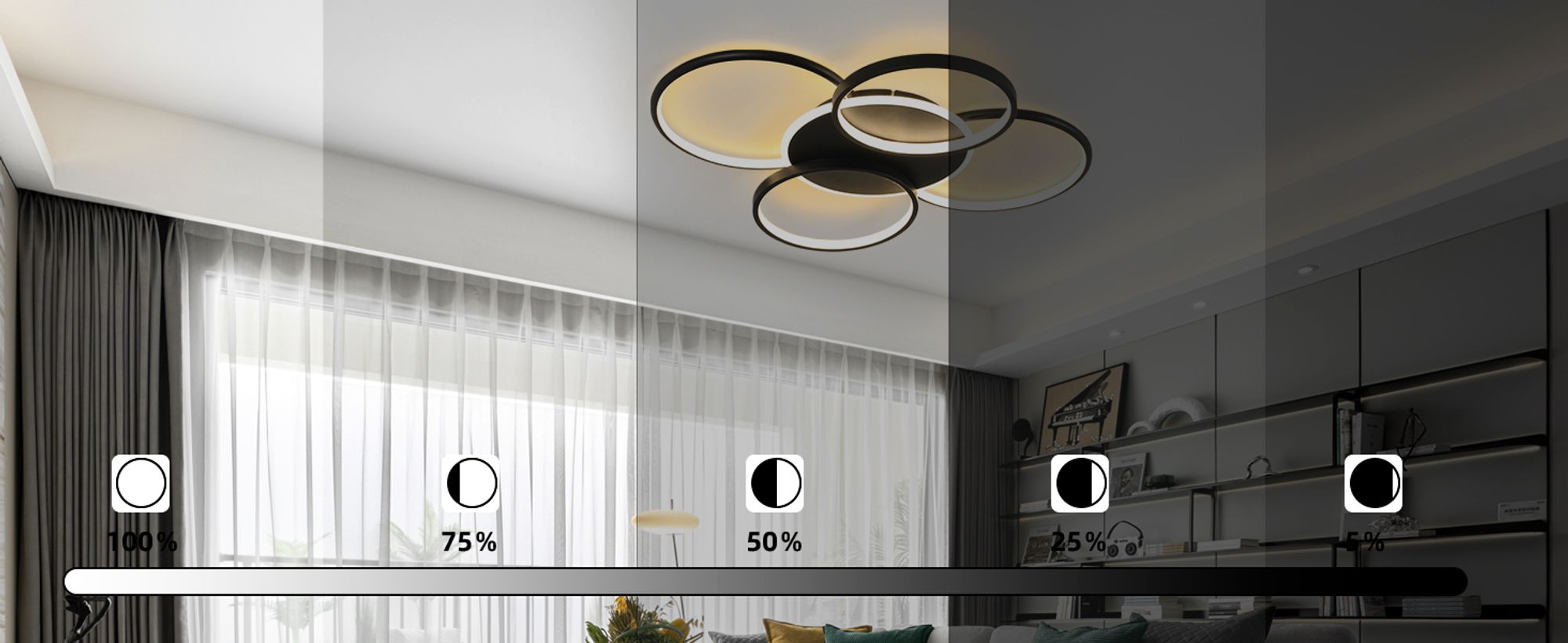 ZMH Deckenlampe LED Deckenleuchte 70W Wohnzimmer Wohnzimmerlampe Dimmbar mit Fernbedienung 5 Ringen Schwarz Schlafzimmerlampe Acryl Deckenbeleuchtung