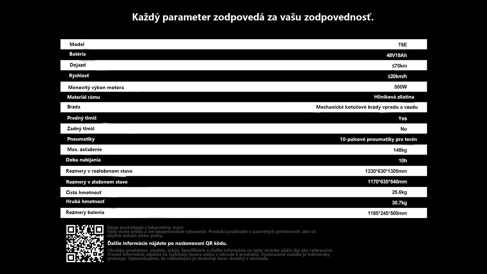 JOYOR T6E Skladateľný Elektrický Kolobežka  ABE - 500W Motor 48V18AH Batéria 10" terénne pneumatiky - Čierna