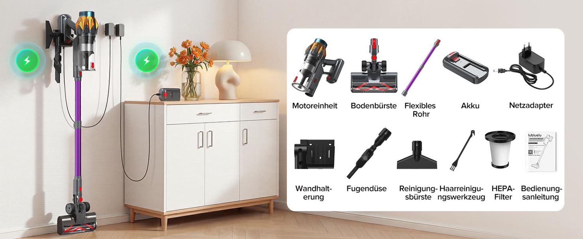 Lubluelu P6 Akku Staubsauger 78kPa Stielstaubsauger Handstaubsauger 50min.Selbststehender 450W Staubsauger Kabellos mit LED Display Anti-Tangle-Bürste