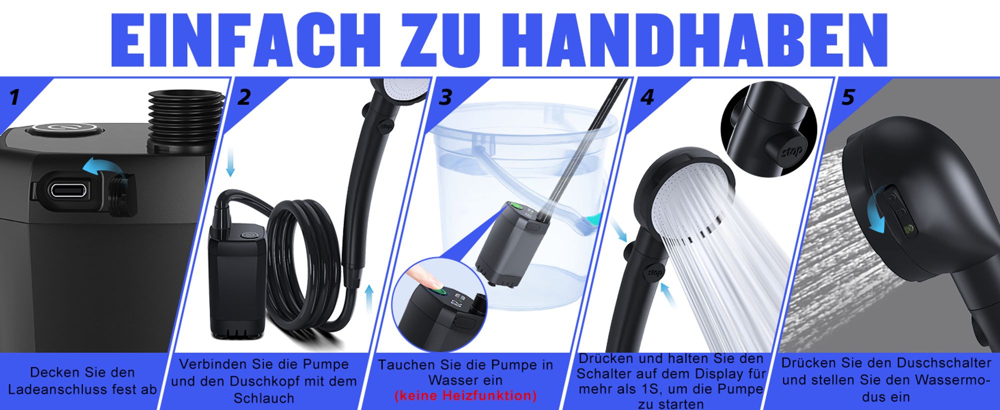Tragbare Campingdusche,[6000 mAh] ,Pump- und Temperaturanzeige,mit Duschkopf und 2 m Schlauch für Garten, Waschen des Autos, Strand, Camping, Haustier