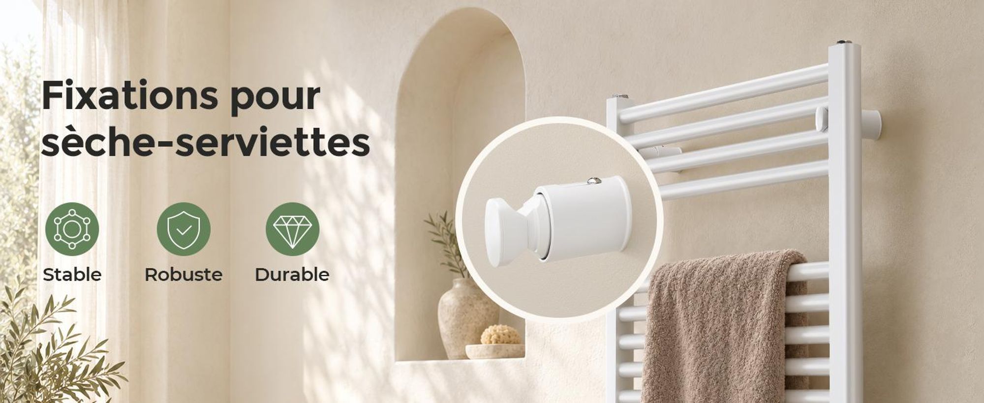 Fixations pour radiateur sèche-serviettes, lot de 4, blanches, pour tubes ronds droits Ø22–25 mm, Entraxe 40–45 mm, réglage 20 mm, charge tot 1 pièce