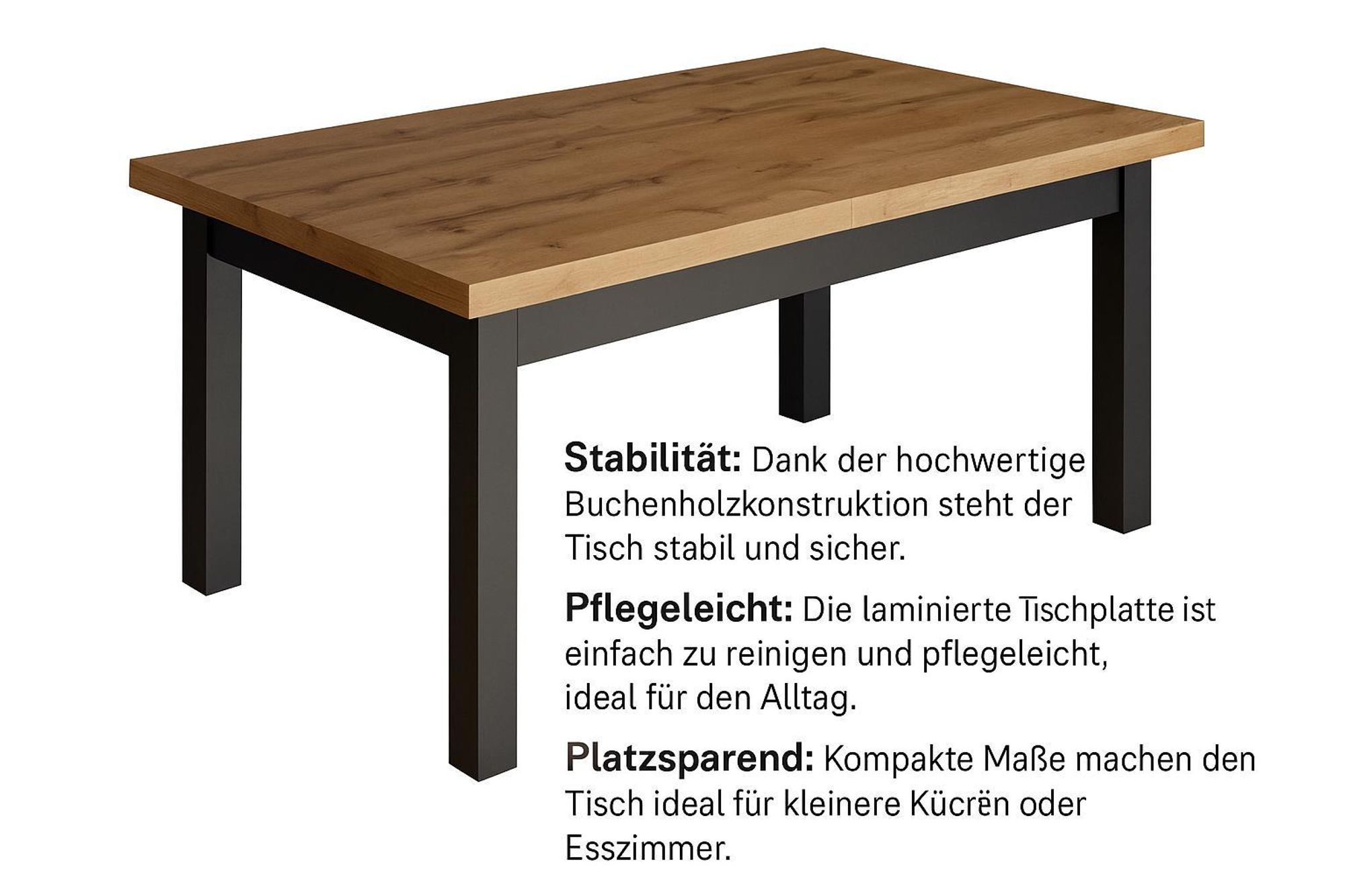 Furneo | Esstisch Ausziehbarer HERMES - 80x120/160 cm - Wotan Eiche - Stabil und stilvoll - für Küche und Esszimmer - Loft