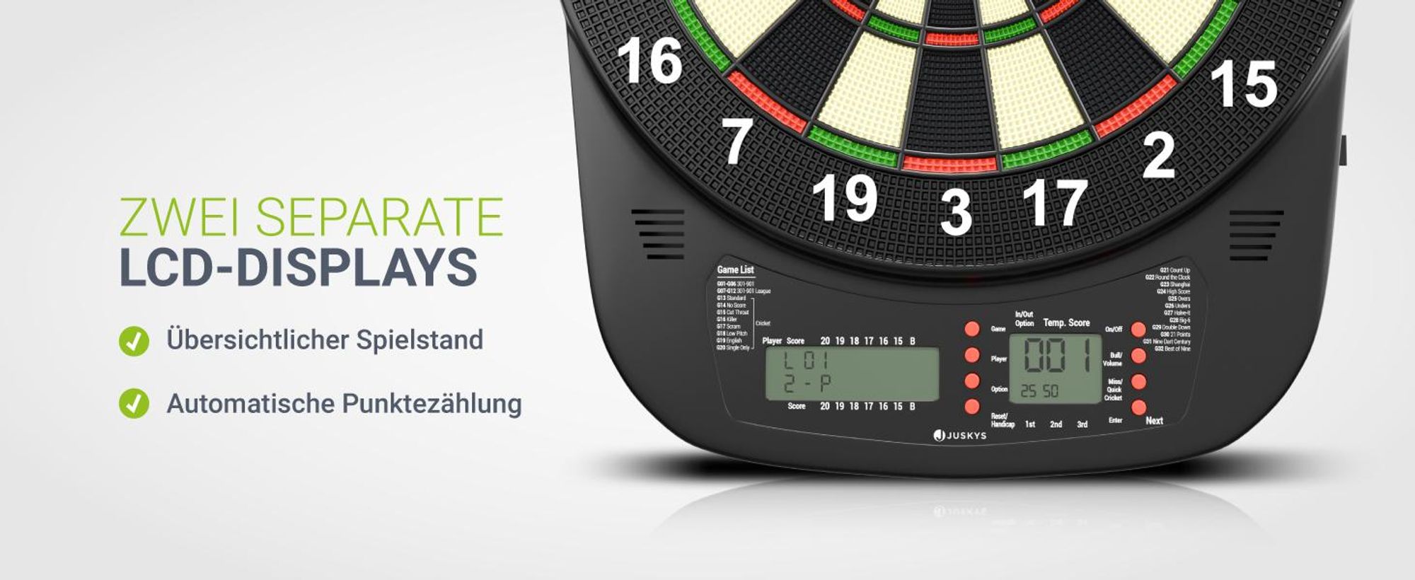 Juskys Elektronische Dartscheibe mit 32 Spielen & Zubehör – bis zu 8 Spieler